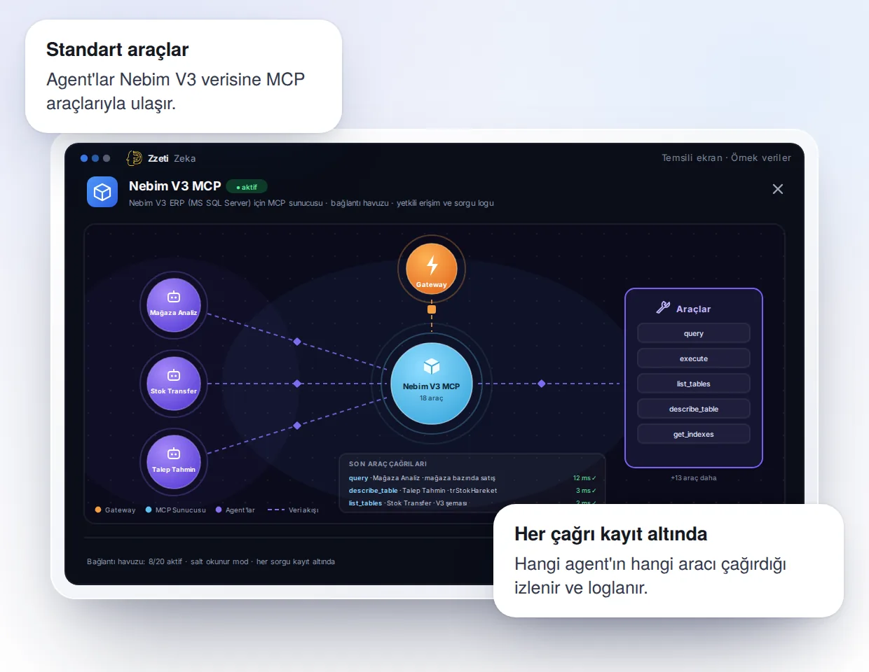 Zzeti Nebim V3 MCP connector: agents reach Nebim V3 data through standard MCP tools; every call is logged (representative screen, sample data)